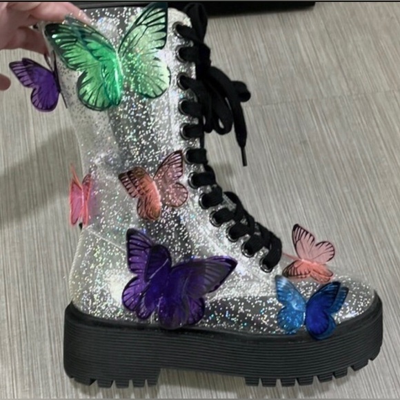 Dolls Kill Club EXX 3D butterfly Terrarium combat boots silver glitter size 5 - Picture 2 of 12